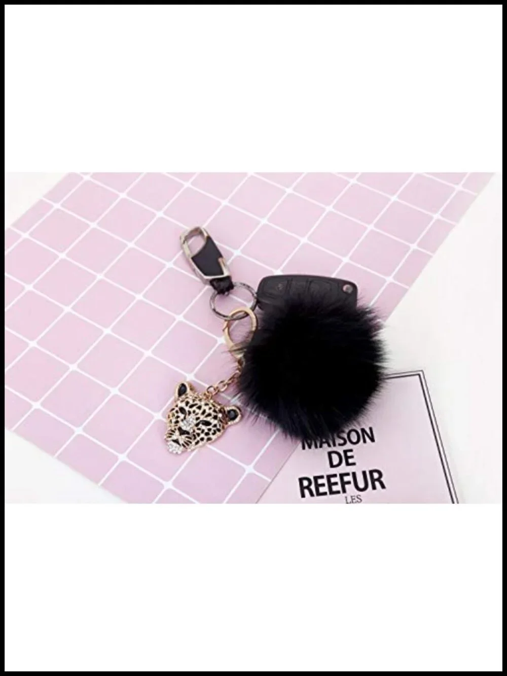 Gold Plated Alloy Leopard Handbag Charm Keychain with Black Fox Fur PomPom